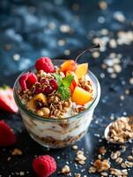 AI generated Raspberry parfait, healthy food, realistic photography photo