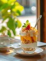 AI generated Peach parfait, healthy food, realistic photo