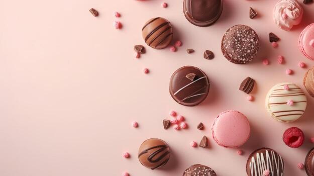AI generated Chocolates and candies top view, sweet background, free space photo