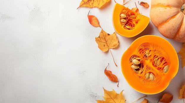 AI generated Pumpkin top view, food background, free space photo