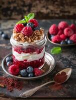 AI generated Raspberry parfait, healthy food, realistic photography photo