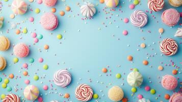 AI generated Chocolates and candies top view, sweet background, free space photo