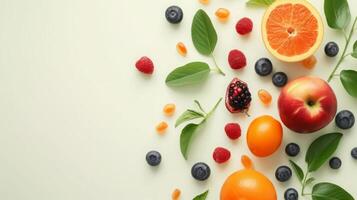 AI generated Healthy food products top view, food background, free space photo