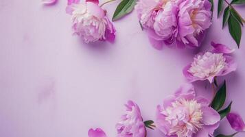 AI generated Peonies flowers top view, spring background, free space photo