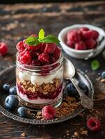 AI generated Raspberry parfait, healthy food, realistic photography photo