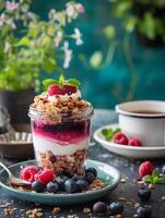 AI generated Raspberry parfait, healthy food, realistic photography photo