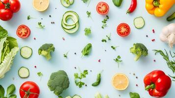 AI generated Healthy food products top view, food background, free space photo