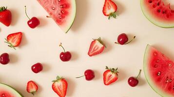 AI generated Summer fruits top view, fruits background, free space photo