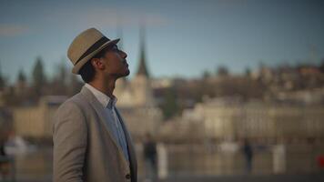 Urban Lifestyle Portrait of Happy Male Person Enjoying City Life Outside video