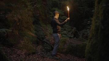 Man Holding A Burning Torchlight Exploring Forest Cave Landscape In Dark Night video