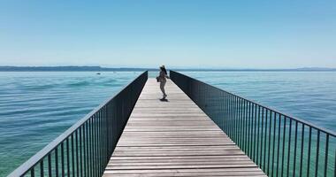 jovem africano mulher caminhando em ponte estrada com lago panorama panorama video