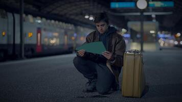 Young Lost Man with Suitcase Finding Broken Mirror on Urban Street at Night video