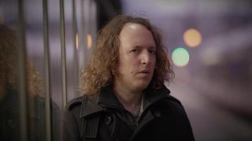 Man with long curly hair sits on bus, smiles in darkness, anticipating fun event video