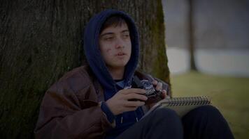 joven hombre tomando un imagen con antiguo Clásico cámara fuera de video