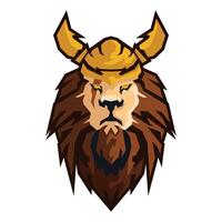 vector illustration of lion head wearing Viking helmet in colorful geometric or low poly style