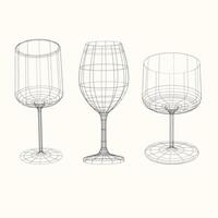 Glasses for wine and other drinks in wireframe style line drawing. Collection of glasses in vintage style. Vector illustration. Drawing of a glass