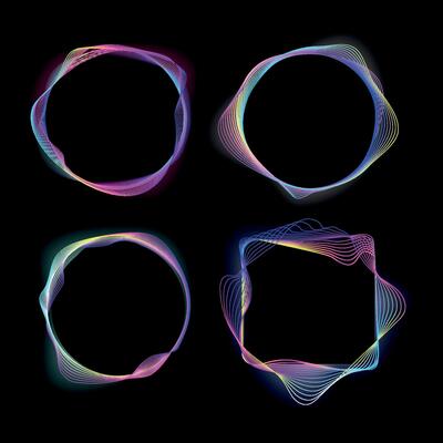 Circular neon light frame border with dynamic lines.Vector glowing neon frame round and square on background. Set of abstract illuminated glitter circle frames design. Abstract cosmic gradient color