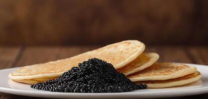 AI Generated Pancakes with caviar for breakfast highlight luxury morning meal. Golden stack of thin pancakes or blini topped with black caviar photo