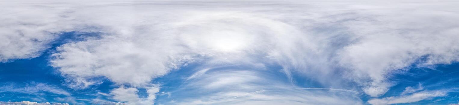 Seamless panorama of sky with light clouds in spherical equirectangular format with complete zenith for use in 3D graphics, game and for composites in aerial drone 360 degree panoramas as a sky dome. photo