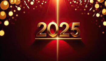ai generado dorado dígitos 2025 en oscuro rojo antecedentes con bokeh luces, festivo atmósfera, ideal para nuevo año evento promociones foto