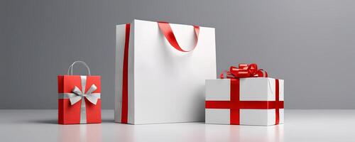 AI Generated Gift boxes with red ribbons, with studio lighting and backdrop. Present, surprises, celebration and gift warping. photo