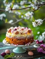 AI generated Easter cake and flowers, holiday Easter photo