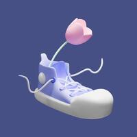 Stylized 3D render sneaker with tulip on a purple background. Vector illustration for design posters, social media of walking, shopping and selling