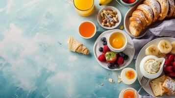 AI generated Tasty breakfast top view, food background, free space photo