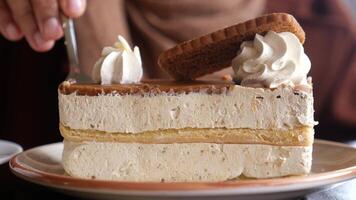 chocolate and cream cake on a plate on table video