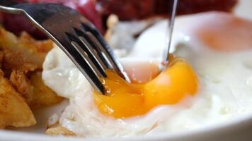 Fried eggs in the plate close up , video