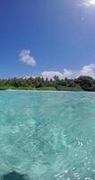 Half underwater transparent ocean and view with tropical island in Maldives. Vertical view video