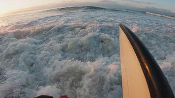 Surfer mit ein erste Person Aussicht versucht es zu gehen in das Ozean mit ein Surfbrett. abstürzen Wellen beim Sonnenuntergang oder Sonnenaufgang video