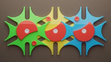 Looping 3D animation multi-colored plastic toy gears. video