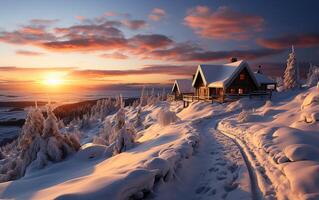 AI generated Enchanting Winter Sunset at a Snowbound Cabin photo