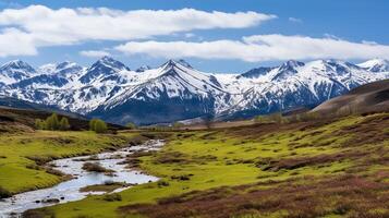 AI generated Majestic Mountain Vista with Meandering Stream photo