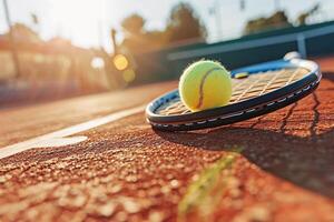 ai generado brillante puesta de sol terminado tenis Corte foto