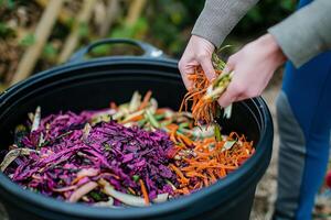 ai generado mano agregando residuos a compost compartimiento foto