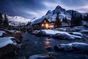 AI generated Enchanting Winter Night at a Mountain Cabin photo