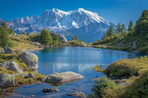 ai generado majestuoso montaña paisaje reflejado en un prístino alpino lago foto