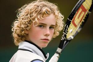 ai generado enfocado retrato de un joven tenis jugador foto