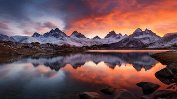 ai generado majestuoso montaña puesta de sol reflexión foto