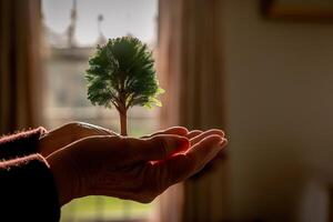 ai generado luminoso silueta de un árbol en el palma de un mano foto