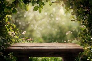 ai generado encantador jardín banco tomando el sol en moteado luz de sol foto