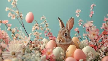 ai generado Pascua de Resurrección conejito echar un vistazo mediante primavera floral arreglo foto