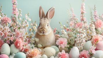 ai generado primavera Pascua de Resurrección conejito entre flores y huevos foto