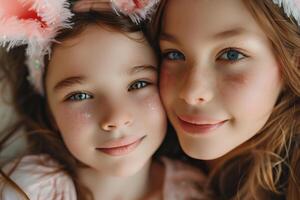 AI generated Sisters with Easter Bunny Ears and Sparkling Makeup photo