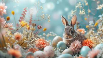 AI generated Easter Bunny Hiding Among Spring Flowers and Eggs photo