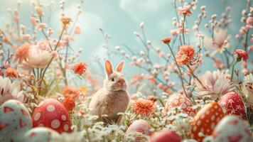 ai generado mullido conejito en un campo de Pascua de Resurrección huevos y flores foto