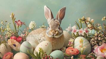 AI generated Easter Bunny with Decorative Eggs and Spring Flowers photo