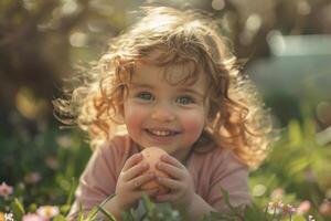 AI generated Joyful Child Holding an Easter Egg in Sunlit Garden photo